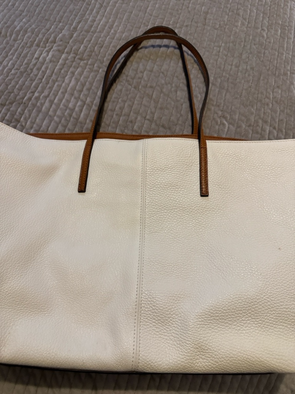 White Leather Tote with Brown Trim - Classic Everyday Bag